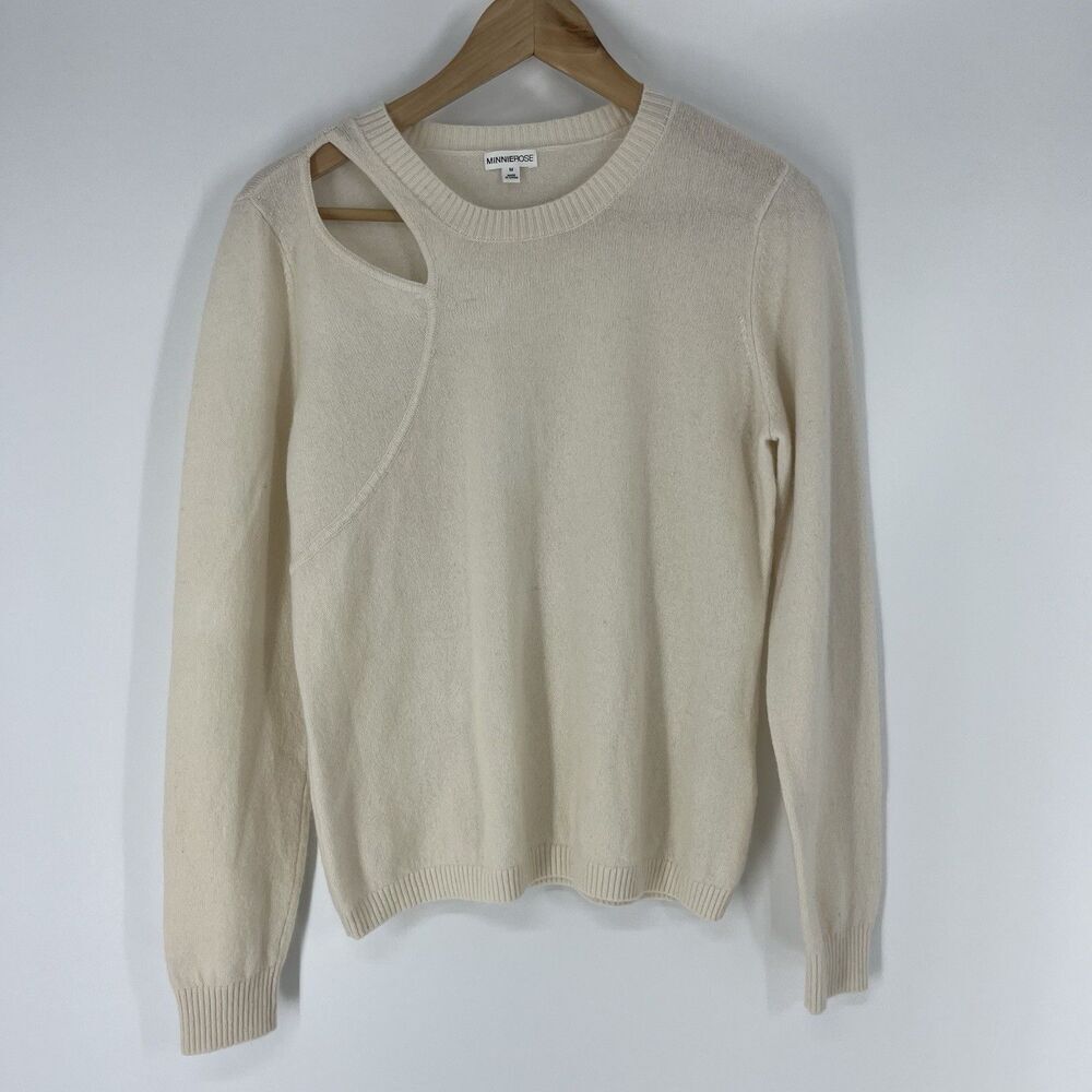 Minnie Rose Sweater Size Medium Womens Ivory Cashmere Crewneck Cut Out Knit